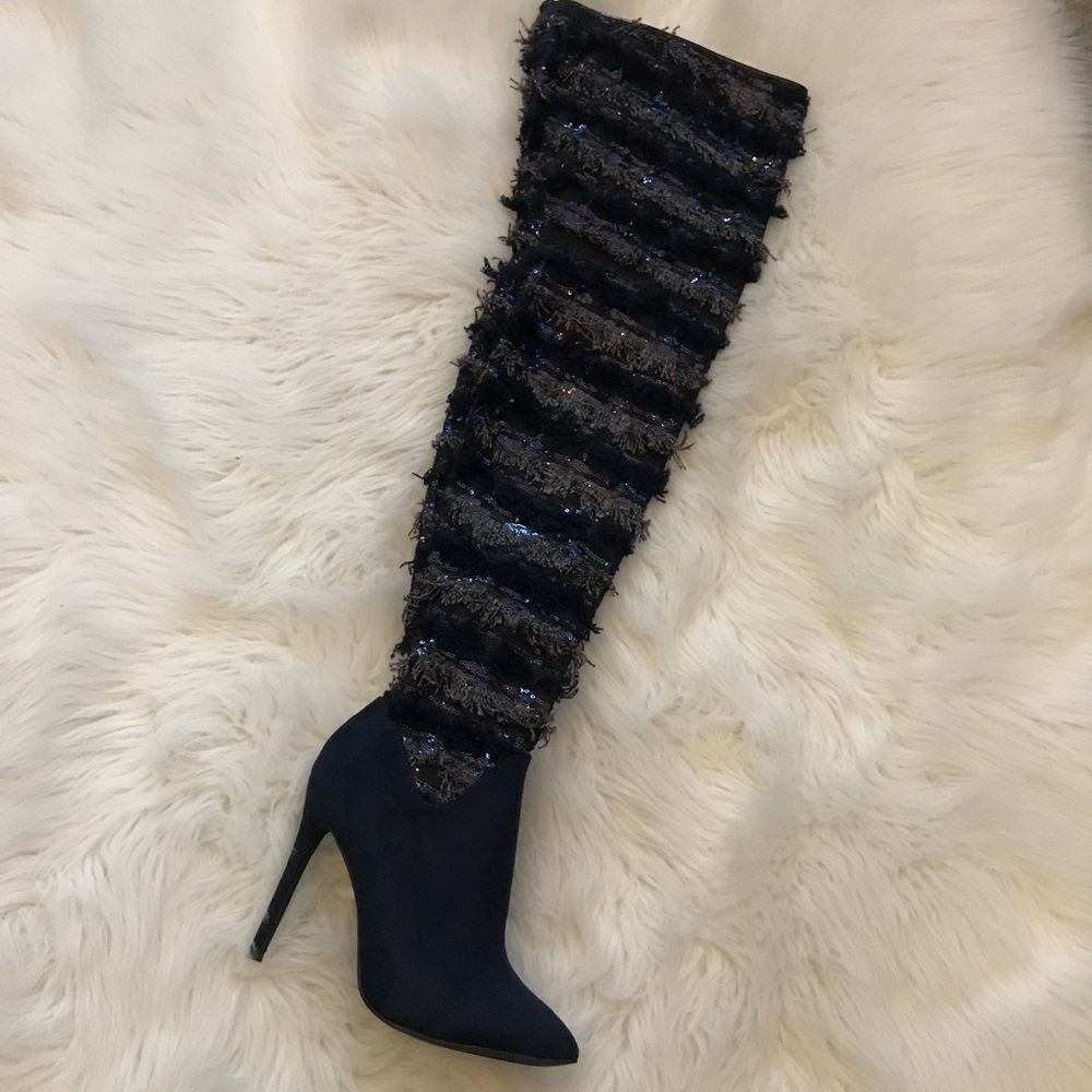 Navy Blue thigh high sparkle Boot